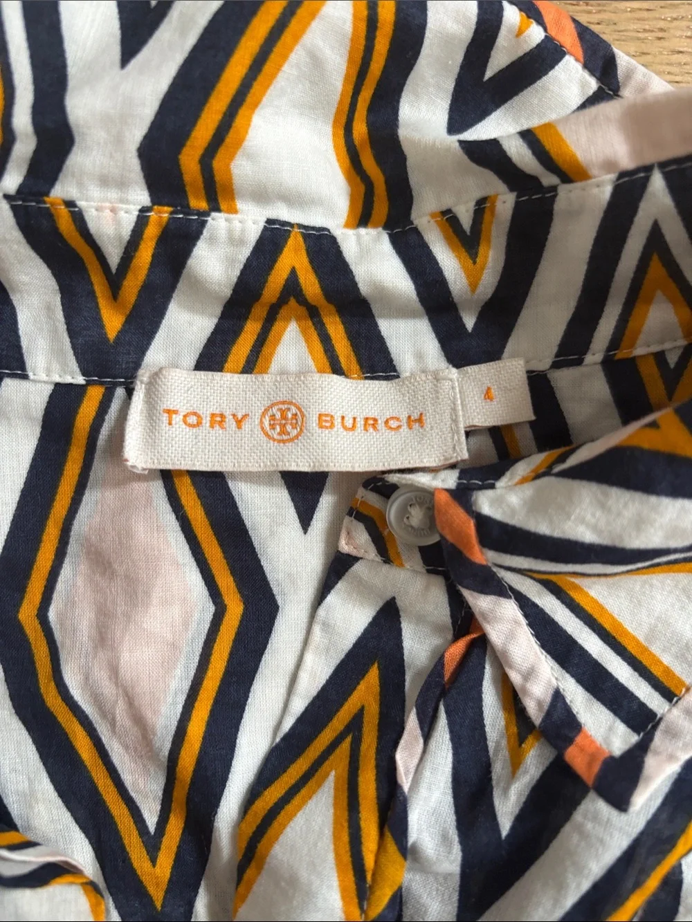 Tory Burch Short-Sleeve Diamond Print Button-Down - White, Gold & deep blue